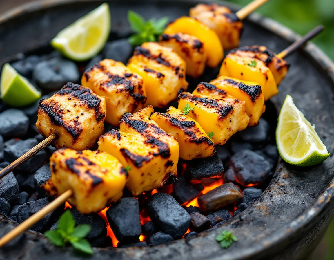 Grilled mango and chicken skewers